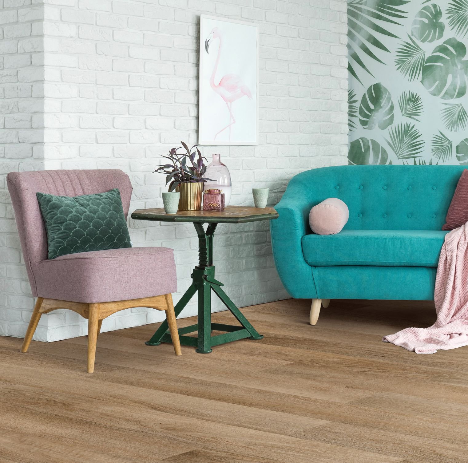 Pink armchair and a blue couch Accidents do happen! But this water resistant flooring gives you time to clean up spills, helping protect your beautiful floor.